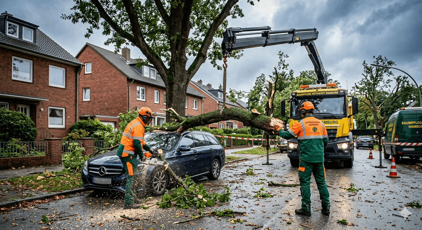 Professionelle Beseitigung eines Sturmschadens in Hamburg: Baumpfleger entfernen einen auf ein Auto gestürzten Baum mit Kran und Motorsäge.