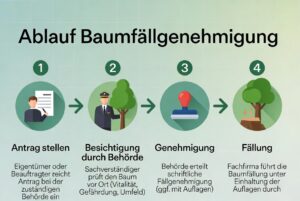 Infografik: Ablauf der Baumfällgenehmigung in Hamburg – 4 Schritte: Antrag stellen, Besichtigung, Genehmigung, Fällung