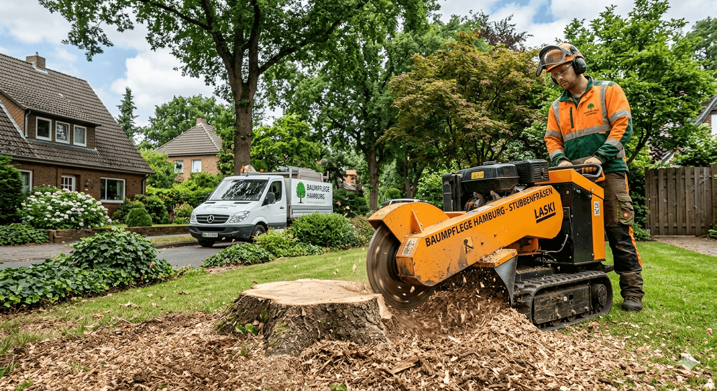 Ein Baumpfleger entfernt mit einer Stubbenfräse einen Baumstumpf