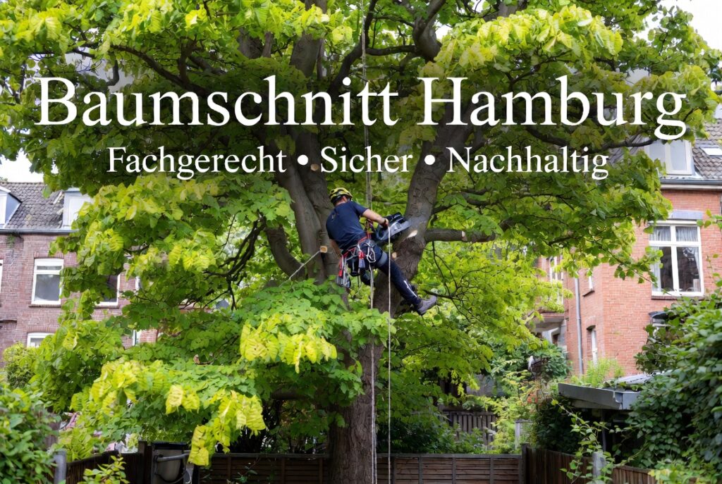 Unser Mitarbeiter beim Baumschnitt in Hamburg sitzt in einem Baum und macht einen Baumschnitt