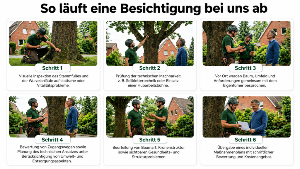 Es wird erklärt wie eine Baumpflege in Hamburg abläuft. Vom ersten Schritt, der Einschätzung des Baumes und Geländes, zur Prüfung der Machbarkeit und Begehbarkeit bis zum letzten Schritt. 